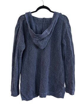 Chicos Blue Knit Hooded Sweater V-Neck Size 3 100% Cotton Womens Casual Lightwei